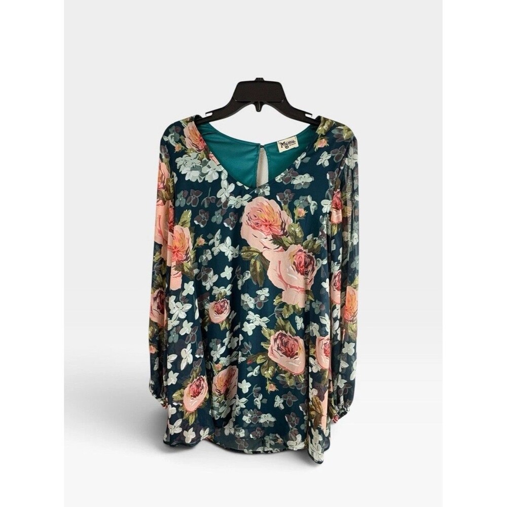 Show me your Mumu Womens Shirt Size Medium Tunic Teal Floral V Neck Long sleeve